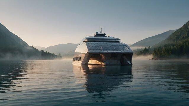 Mountain Lake With Floating Holographic Ship