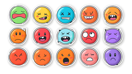 A set of funny, colorful stickers with different emotional expressions.