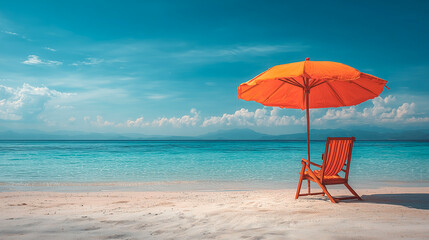 Beach chair and umbrella on tropical sand beach with sea and blue sky background