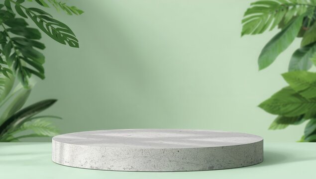 Empty concrete stage adorned with green foliage on a pastel green backdrop, ample space for text. Ideal setting for displaying natural skincare items in an eco-friendly theme.