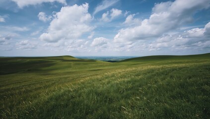 Fototapeta premium Green rolling hills under a bright sky with scattered clouds