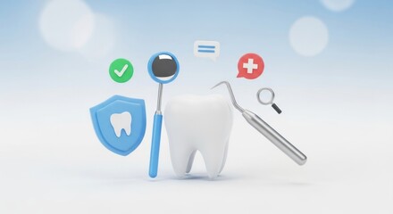 A white tooth with a blue shield and a silver mirror, surrounded by a speech bubble with a green checkmark and a red cross, against a light blue background.