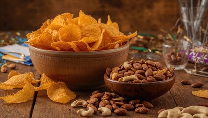A dish filled with chips beside a handful of nuts