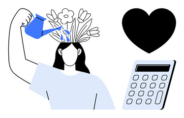 A person waters flowers blooming from their head beside a calculator and heart, symbolizing growth, creativity, logic, and emotional well-being. Ideal for personal development, mindfulness, mental
