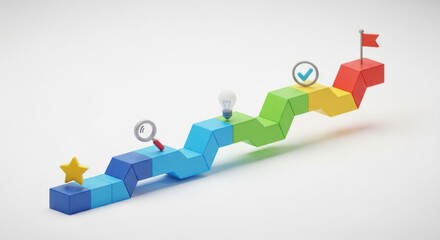 Achieve Goal 3D concept, road way, step by step. A colorful, abstract, geometric, and creative design
