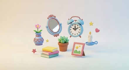 Obraz premium A whimsical collection of miniature objects, including a mirror, alarm clock, succulent plant, and other decorative items, arranged on a plain background.