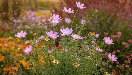 Pink cosmos flowers blooming in a colorful autumn garden