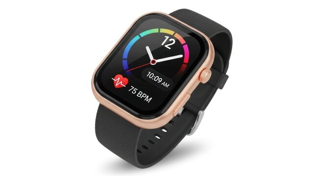 A smartwatch with a colorful face and a black strap. - Powered by Adobe