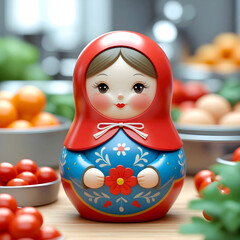 Fototapeta premium Cute Russian matryoshka doll with colorful clothes surrounded by fresh vegetables in the kitchen.