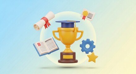 A graduation trophy with a blue cap and a gold base, surrounded by a blue and yellow gradient background with a blue and yellow star
