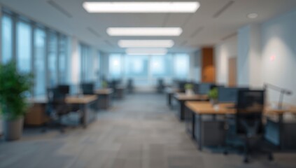 Fototapeta premium Creative abstract blurred background featuring an office interior with bokeh effect