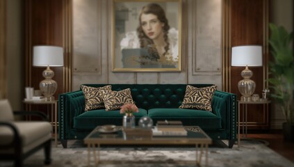 Obraz premium Elegant living space with art deco flair, centered around a luxurious emerald velvet couch and refined decorative accents for chic home design.