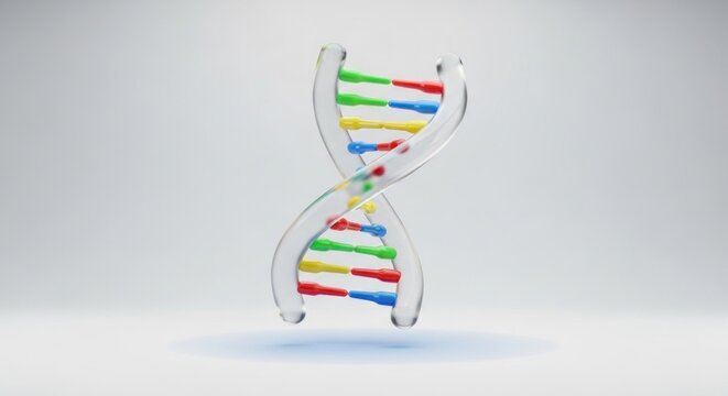 A colorful DNA molecule model on a white background.