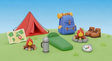 Obraz premium Camping equipment on a grassy field with a tent, backpack, fire, and map.