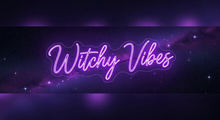 Image shows luminous purple text "Witchy Vibes" against a star-filled background, representing mystical atmosphere and nocturnal theme