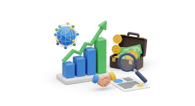 3D rendering of a globe with a green arrow pointing upwards, a briefcase with money and coins, and a handshake with a magnifying glass on a document.