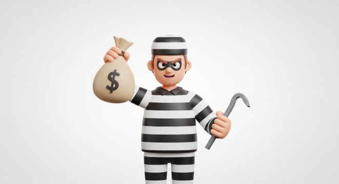 A cartoon thief holding a money bag and a crowbar.