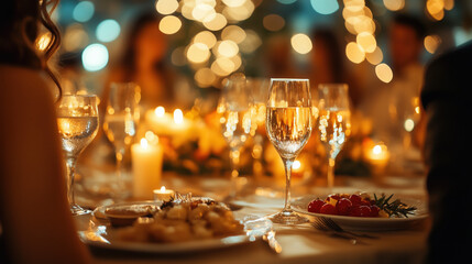 elegant gala dinner for New Year with people in formal wear, candlelit atmosphere