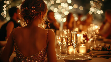 elegant gala dinner for New Year with people in formal wear, candlelit atmosphere