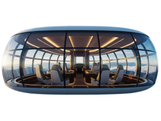 Futuristic glass capsule interior with luxury seating and panoramic view on a transparent background