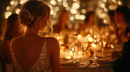 elegant gala dinner for New Year with people in formal wear, candlelit atmosphere