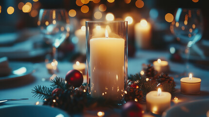 elegant gala dinner for New Year with people in formal wear, candlelit atmosphere
