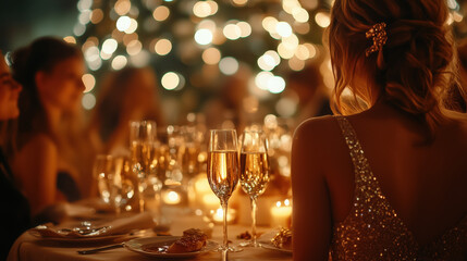 elegant gala dinner for New Year with people in formal wear, candlelit atmosphere