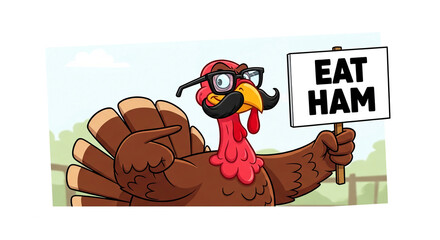 Cartoon turkey with glasses, mustache holding a sign saying "Eat Ham", symbolizing humor and holiday irony, for entertainment or promotion