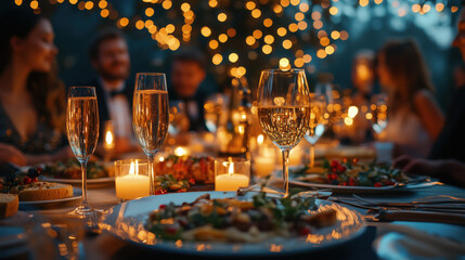 elegant gala dinner for New Year with people in formal wear, candlelit atmosphere