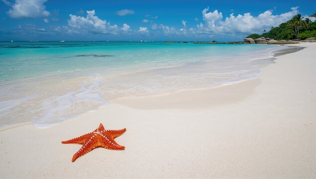 A solitary starfish resting on pristine white sandy shore - Powered by Adobe