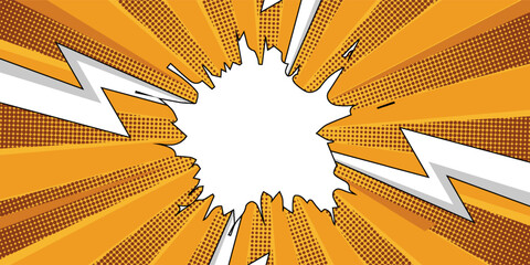 Blank comic cartoon purple background with thunder lightning, cartoon pop art style with empty dialog bubble