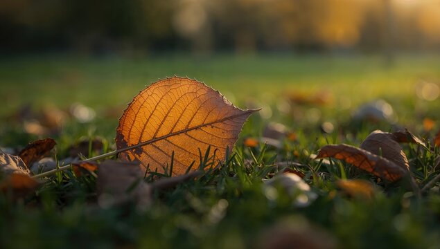 Detailed view of a withered autumn leaf amidst greenery in a park setting