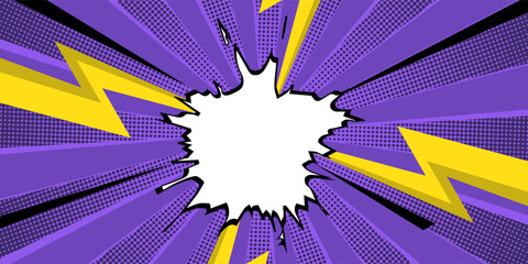 Blank comic cartoon purple background with thunder lightning, cartoon pop art style with empty dialog bubble