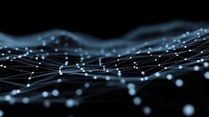 Abstract representation of interconnected nodes and lines creating a wave-like formation in a digital space conveying the concept of networking and data flow