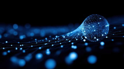 Abstract representation of a glowing sphere surrounded by luminous dots and lines, illustrating concepts of technology, science, and digital data in blue tones