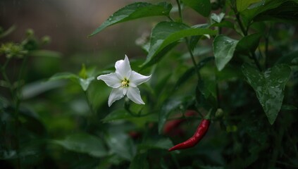 Obraz premium White chili blossoms thriving in a rainy garden setting