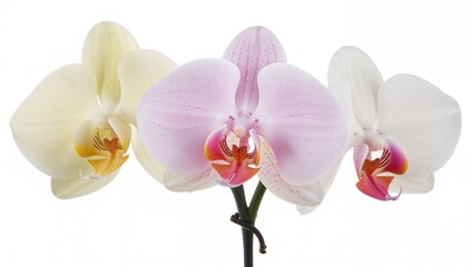Gorgeous orchids in full bloom showcasing pastel yellow, soft pink, and white petals with subtle pink speckles, set against a natural backdrop in spring.