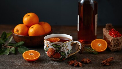Handcrafted Warm Spiced Wine Next to a Tangerine Bowl and a Wine Bottle on a Dark Background in Holiday Spirit