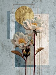 Contemporary art posters featuring double exposure flowers with geometric shapes in blue and beige tones with gold accents.