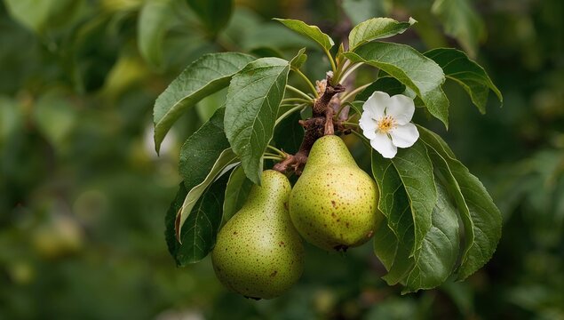 September garden scene with a fruit-bearing dwarf pear tree