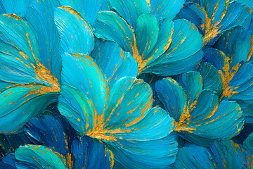Oil painting, 3D leaves in bright turquoise and blue colors, volumetric paint strokes with a palette knife, template for wallpaper, paintings