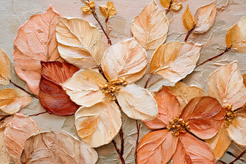 Oil painting, 3D leaves in beige tones, volumetric paint strokes with a palette knife, template for wallpaper, paintings