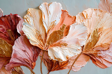 Oil painting, 3D leaves in beige tones, volumetric paint strokes with a palette knife, template for wallpaper, paintings