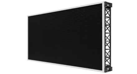 A photorealistic, extreme close-up of a matte black LED screen with a pixel grid, a glossy white frame, and brushed dark grey metal trusses on a transparent background, concept of advanced technology
