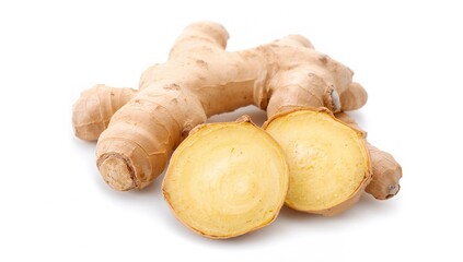 Fototapeta premium A bright picture showing fresh ginger, whole and cut, with its golden exterior and light yellow interior on a plain white backdrop.