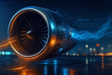 abstract technology background - Futuristic Jet Engine Concept – Glowing Turbofan with Neon Energy Trails, “THANK YOU! I’m Starting…” Text, and Shopping Cart Icon on Dark Urban Background