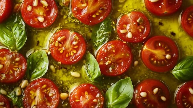 Fresh cherry tomatoes with basil leaves and pine nuts on a textured surface