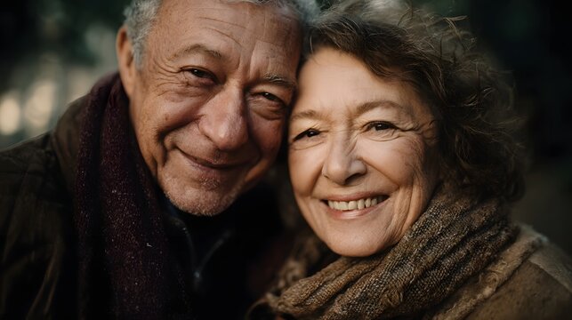 A happy elderly couple smiles warmly at the leaning in close together outdoors in a natural setting