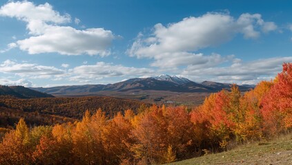 Fototapeta premium Vibrant Fall Leaves Displayed Under Clear Blue Sky with Fluffy Clouds, Hills and Mountains in the Distance
