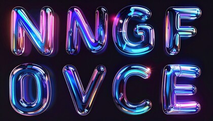Futuristic typography design featuring 3D inflated letters with an iridescent chrome finish and vibrant neon light reflections